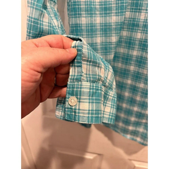 Old Navy‎ Teal White Plaid Ruffle Button Up Round Neck Long Sleeve Blouse Medium - Picture 6 of 8
